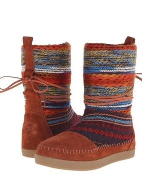 Toms Cognac Suede Nepal Pattern Yarn Mid Calf Boots Textile Moccasin In Size 8